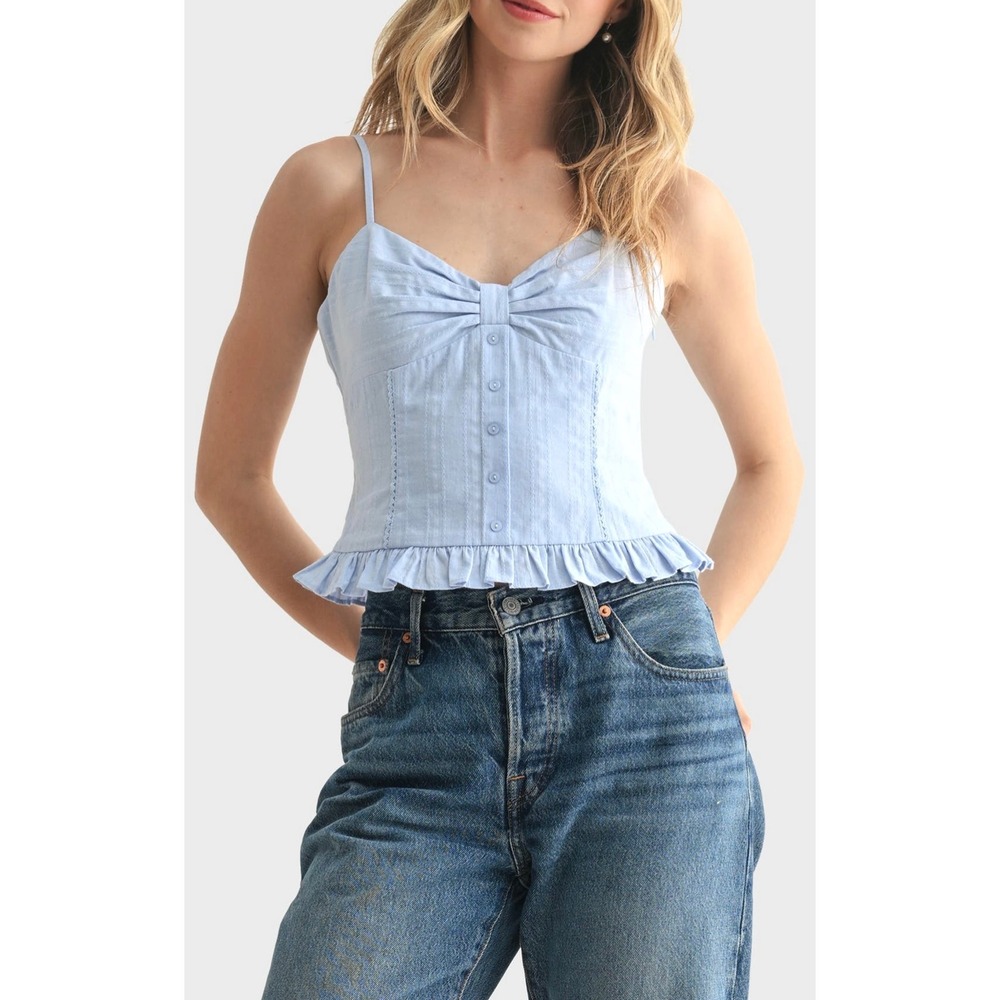 All in Favor Light Blue Cottagecore Bow Detail Button Peplum 100% Cotton Cami-XL